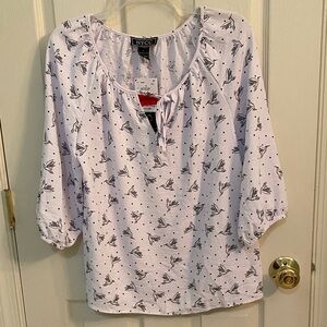 NYC Women's White and Black Bird Print pesant Blouse